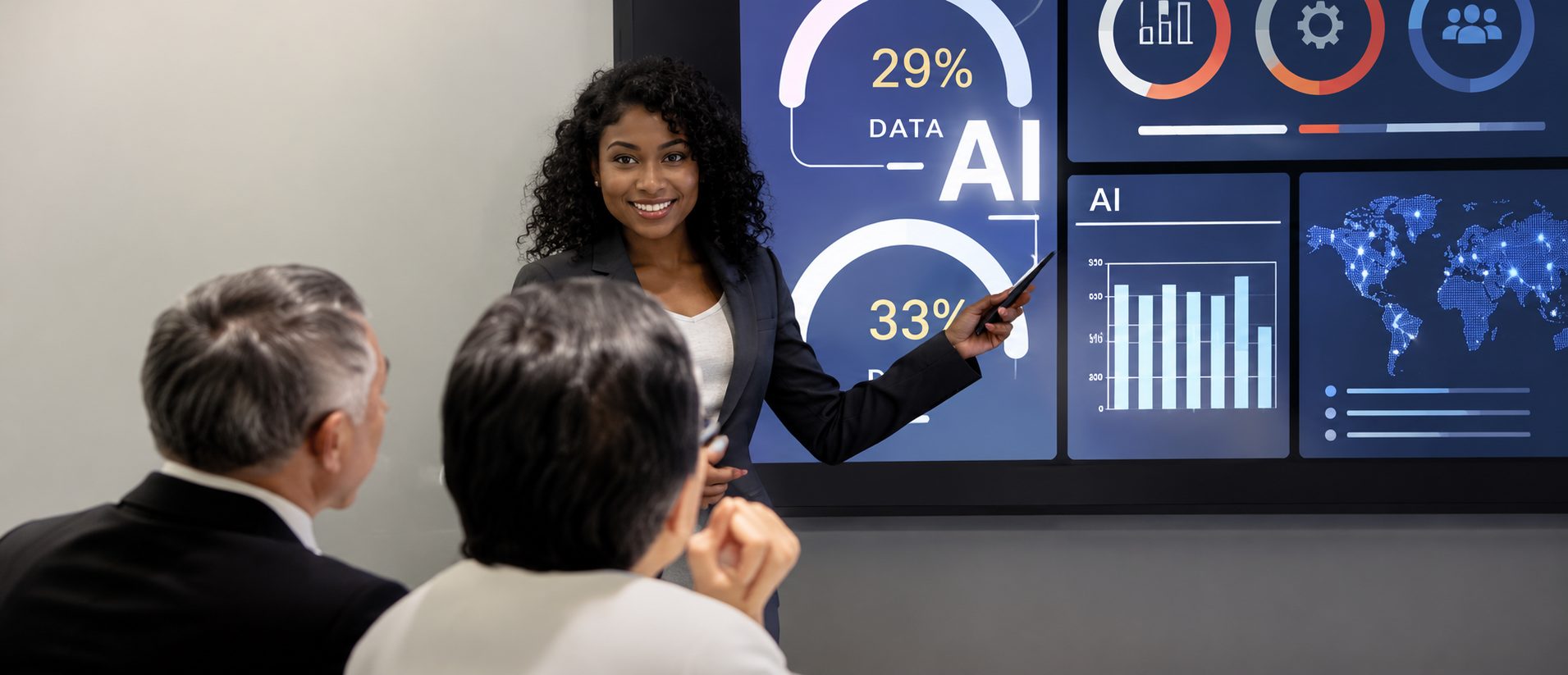 Formatrice présentant un tableau de bord d'indicateurs IA à un petit groupe