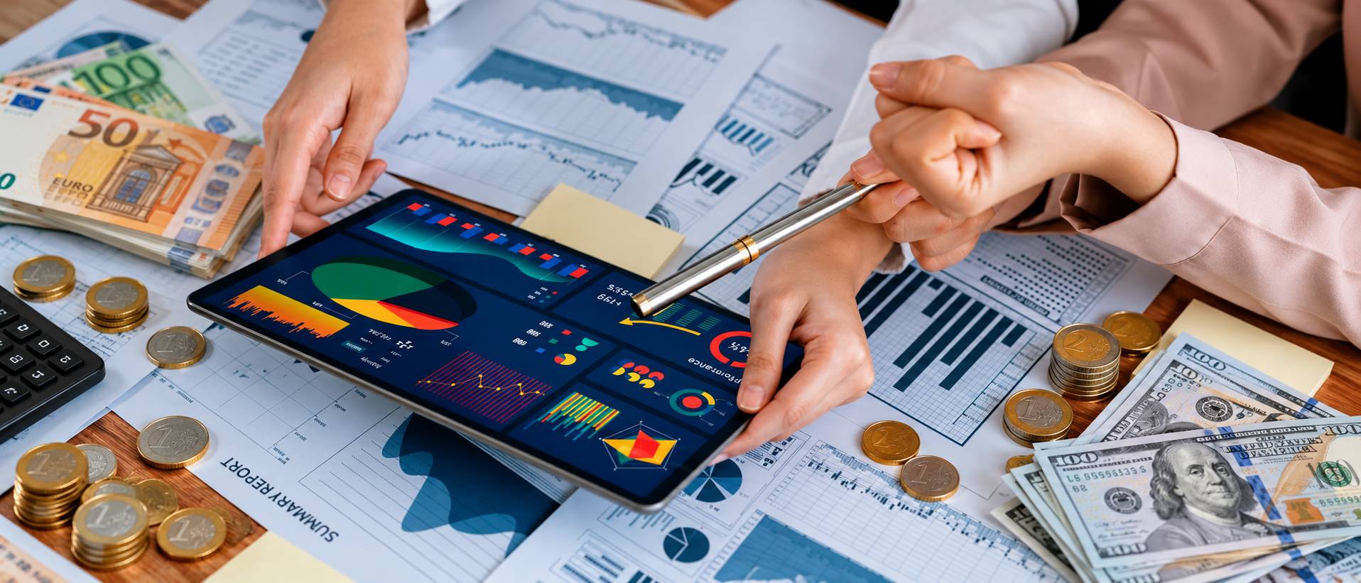 Two people reviewing a dashboard on a tablet, among printed reports, euro and dollar banknotes and coins